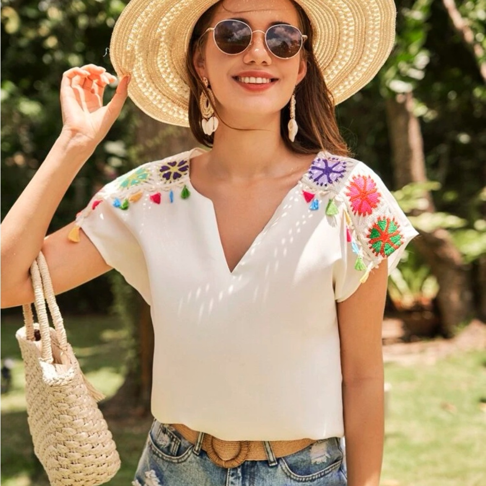 Boho Embroidered White Women's Blouse with Multicolor Tassels - Picture 4 of 5